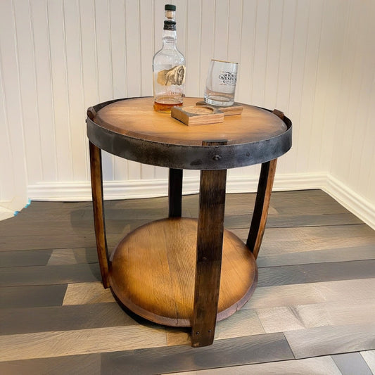 Handcrafted Oak Whiskey Barrel End Table with Storage Shelf